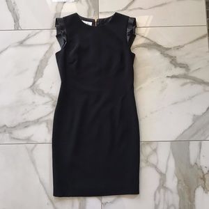 Emilio Pucci Dress Black Wool Sheath Dress with Lamb Leather Cap Sleeves 10 🇮🇹